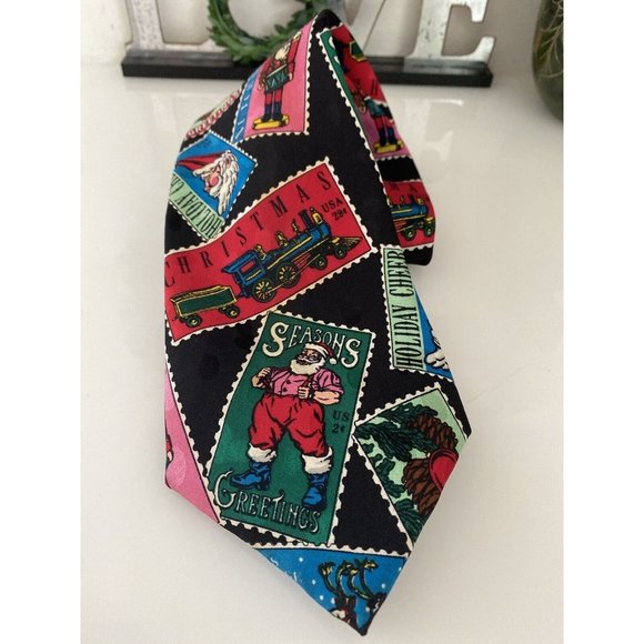 Vintage Addiction 1991 Christmas Santa Postcard Tie 100% Silk Holiday Multi Wide - Picture 12 of 16